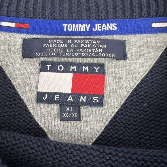 Vtg Y2K Tommy Jeans Cable Knit Stripe Sleeves Navy Blue Men’s XL Oversized Logo - Picture 4 of 15